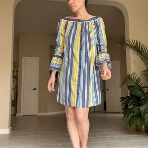 Label by 5 Twelve Off-Shoulder Linen blend Striped Dress, blue and yellow
